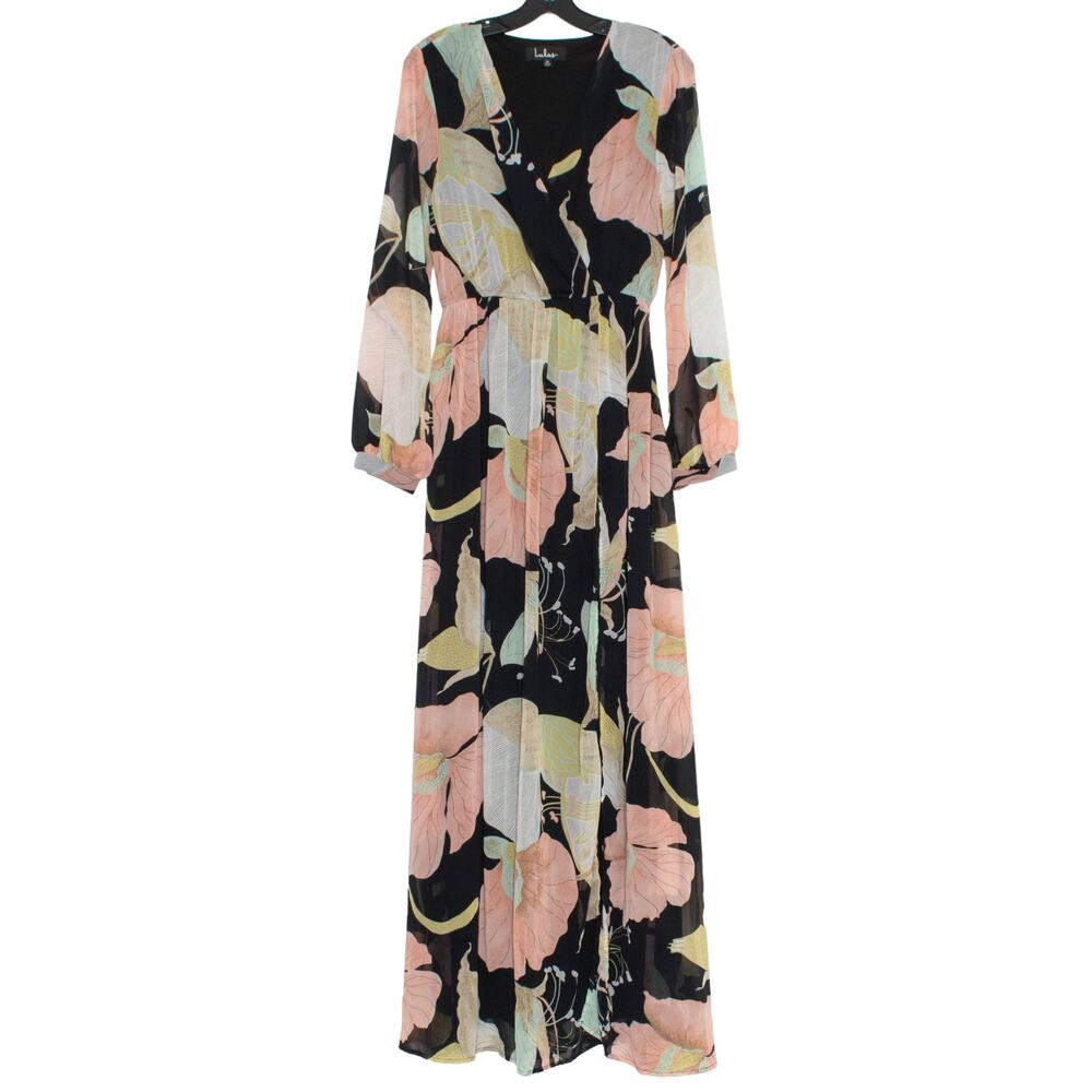 Lulus Maxi Dress Floral Boho Wedding Guest Resort Vacation Flowy Spring Black M